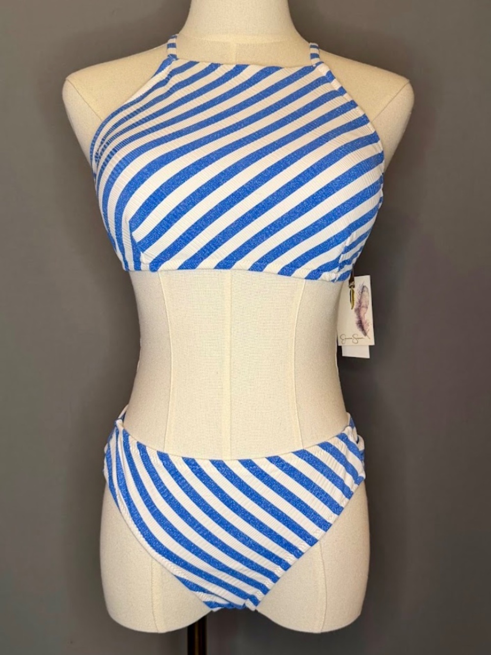 Jessica Simpson Air Stripe Blue White Bikini Set Size M NWT Shimmer Swimwear